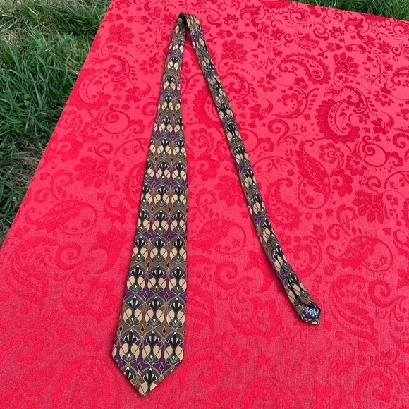 Facets‎ Men's Tie Geometric Silk Vintage Green Purple Work Black - Picture 1 of 4